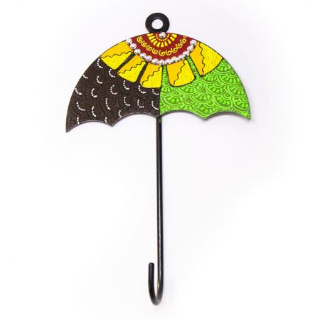 Handpainted Umbrella Design Iron Wall Hook with Traditional Indian Motifs